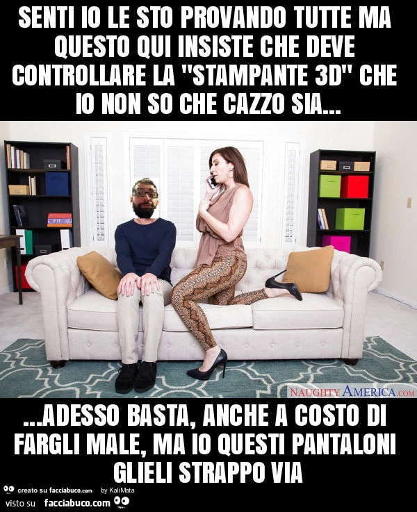 Senti io le sto provando tutte ma questo qui insiste che deve controllare la "stampante 3d" che io non so che cazzo sia&hellip; adesso basta, anche a costo di fargli male, ma io questi pantaloni glieli strappo via
