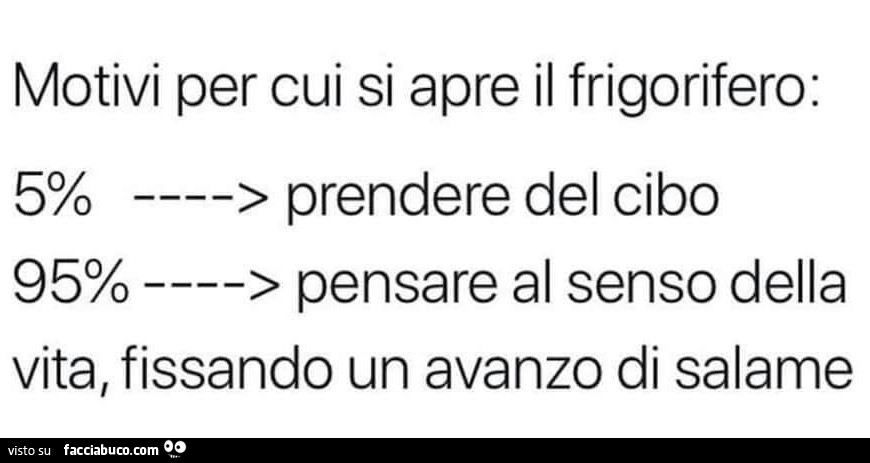 Motivi per cui si apre il frigorifero: pensare al senso della vita, fissando un avanzo di salame
