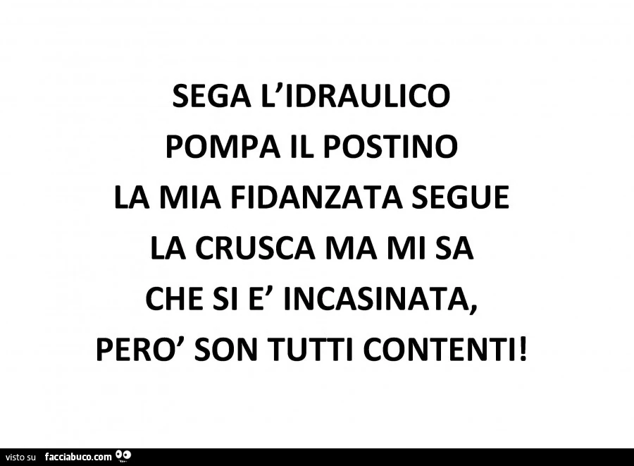 Sega l'idraulico pompa il postino la mia fidanzata segue la crusca ma mi sa che si è incasinata, però son tutti contenti