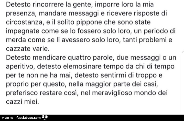 Detesto rincorrere la gente, imporre loro la mia presenza, mandare messaggi e ricevere risposte di circostanza, e il solito pippone che sono state impegnate come se lo fossero solo loro, un periodo di merda come se li avessero solo loro