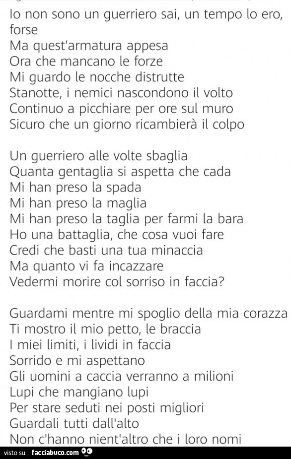 Io non sono un guerriero sai, un tempo lo ero, forse ma quest'armatura appesa ora che mancano le forze mi guardo le nocche distrutte stanotte, i nemici nascondono il volto continuo a picchiare per ore sul muro sicuro che un giorno ricambierà