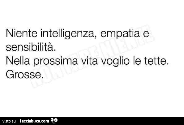 Niente intelligenza, empatia e sensibilità. Nella prossima vita voglio le tette. Grosse