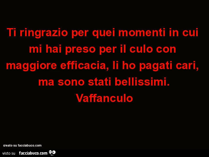 Ti ringrazio per quei momenti in cui mi hai preso per il culo con maggiore efficacia, li ho pagati cari, ma sono stati bellissimi. Vaffanculo