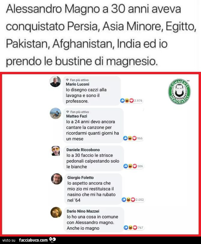 Alessandro magno a 30 anni aveva conquistato persia, asia minore, egitto, pakistan, afghanistan, india ed io prendo le bustine di magnesio. Io disegno cazzi alla lavagna e sono il professoreagno