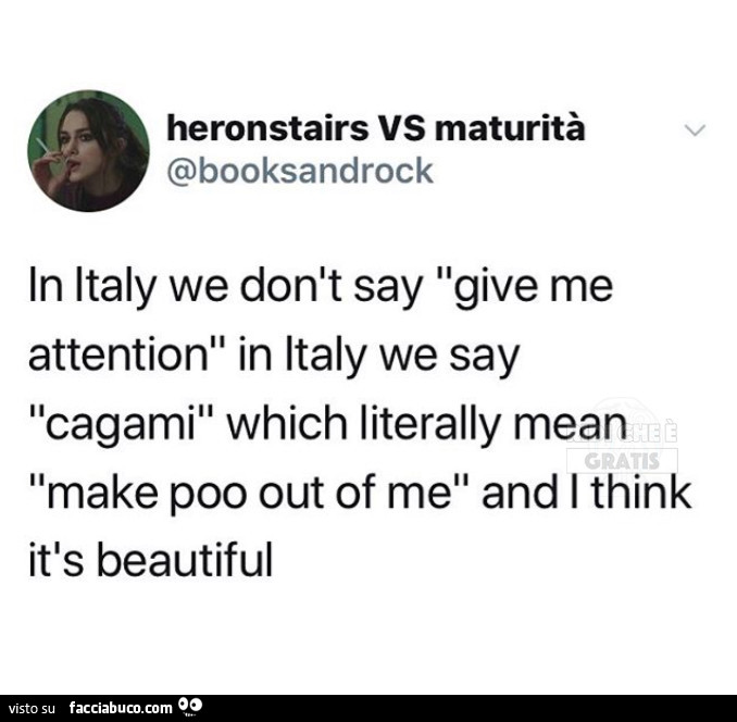 In italy we don't say give me attention in italy we say cagami which literally mean make poo out of me and i think it's beautiful