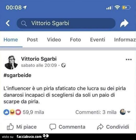 Sgarbi: l'influencer è un pirla sfaticato che lucra su dei pirla danarosi incapaci di scegliersi da soli un paio di scarpe da pirla