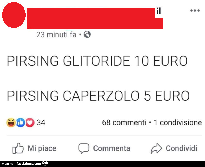 Pirsing glitoride 10 euro. Pirsing caperzolo 5 euro