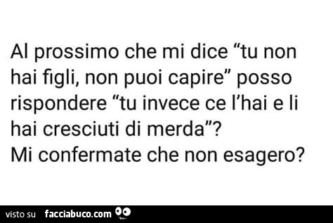 Al prossimo che mi dice tu non hai figli, non puoi capire posso rispondere tu invece ce l'hai e li hai cresciuti di merda? Mi confermate che non esagero?