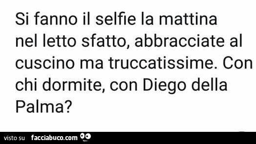 Si fanno il selfie la mattina nel letto sfatto, abbracciate al cuscino ma truccatissime. Con chi dormite, con diego della palma?