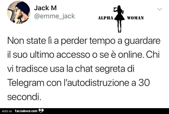 Non state lì a perder tempo a guardare il suo ultimo accesso o se è online. Chi vi tradisce usa la chat segreta di telegram con l'autodistruzione a 30 secondi