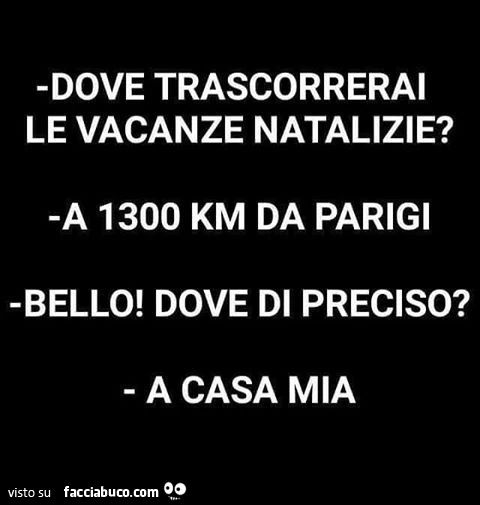 Dove trascorrerai le vacanze natalizie? A 1300 km da parigi. Bello! Dove di preciso? A casa mia