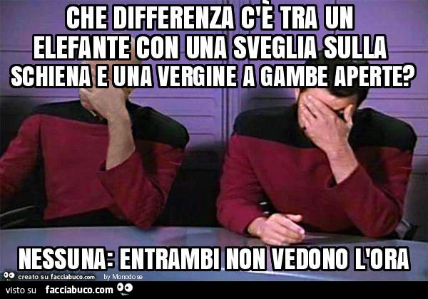 Che differenza c'è tra un elefante con una sveglia sulla schiena e una vergine a gambe aperte? Nessuna: entrambi non vedono l'ora