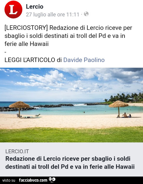 Redazione di lercio riceve per sbaglio i soldi destinati ai troll del pd e va in ferie alle hawaii