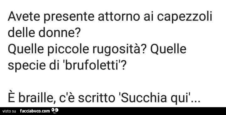 Avete presente attorno ai capezzoli delle donne? Quelle piccole rugosità? Quelle specie di brufoletti? È Braille, c'è scritto succhia qui