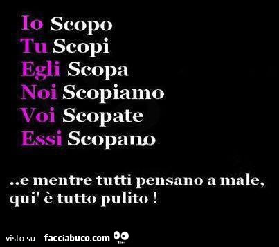 Io scopo, tu scopi, egli scopa, noi scopiamo, voi scopate, essi scopano. E mentre tutti pensano male, qui è tutto pulito