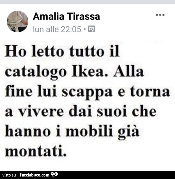Ho letto tutto il catalogo ikea. Alla fine lui scappa e torna a vivere dai suoi che hanno i mobili già montati