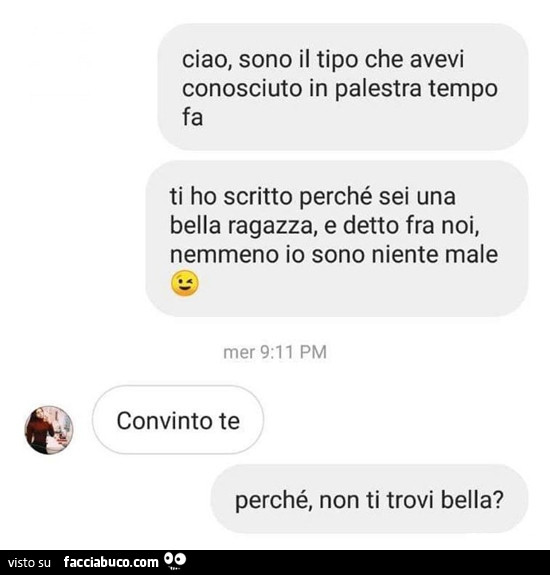 Ciao, sono il tipo che avevi conosciuto in palestra tempo fa ti ho scritto perché sei una bella ragazza, e detto fra noi, nemmeno io sono niente male. Convinto te. Perché, non ti trovi bella?