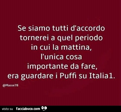 Se siamo tutti d'accordo tornerei a quel periodo in cui la mattina, l'unica cosa importante da fare, era guardare i puffi su italia1
