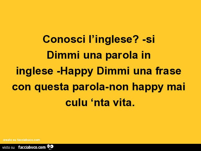 Conosci l'inglese? Si dimmi una parola in inglese. Happy dimmi una frase con questa parola. Non happy mai culu ‘nta vita