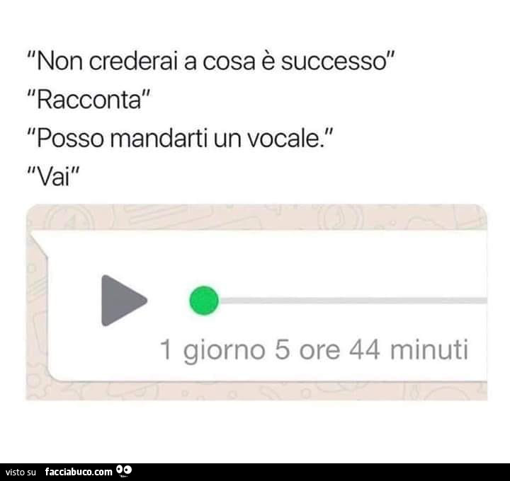 Non crederai a cosa è successo. Racconta. Posso mandarti un vocale. Vai. 1 giorno 5 ore 44 minuti