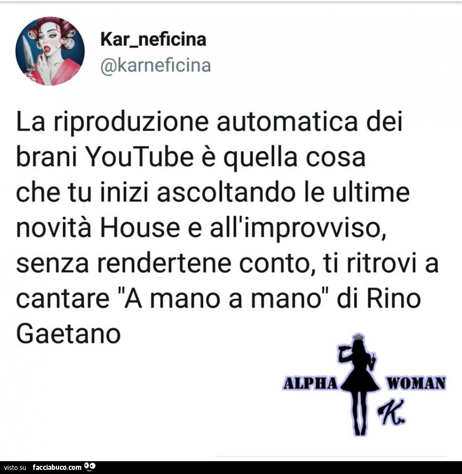 La riproduzione automatica dei brani youtube è quella cosa che tu inizi ascoltando le ultime novità house e all'improvviso, senza rendertene conto, ti ritrovi a cantare a mano a mano di rino gaetano