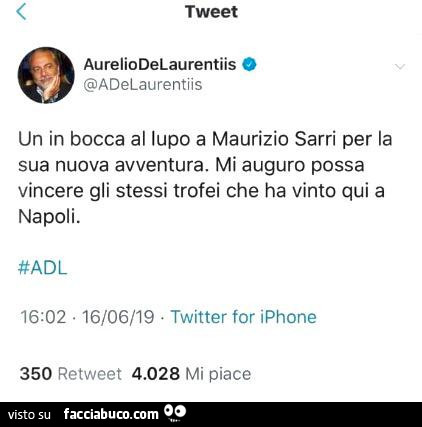 Un in bocca al lupo a maurizio sarri per la sua nuova avventura. Mi auguro possa vincere gli stessi trofei che ha vinto qui a napoli