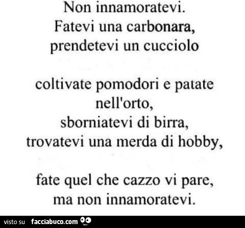 Non innamoratevi. Fatevi una carbonara, prendetevi un cucciolo coltivate pomodori e patate nell'orto, sborniatevi di birra, trovatevi una merda di hobby, fate quel che cazzo vi pare, ma non innamoratevi