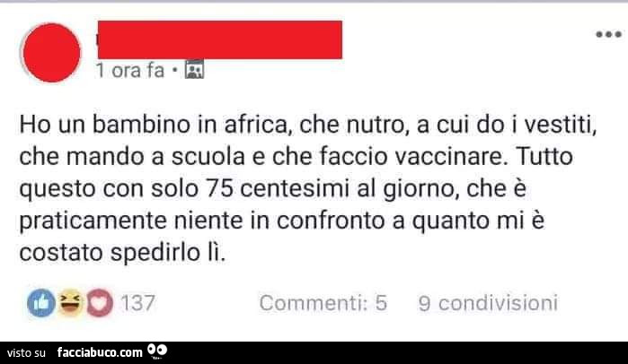 Ho un bambino in africa, che nutro, a cui do i vestiti, che mando a scuola e che faccio vaccinare. Tutto questo con solo 75 centesimi al giorno, che è praticamente niente in confronto a quanto mi è costato spedirlo lì