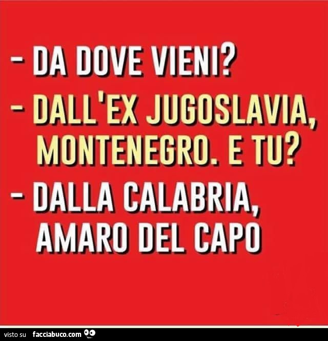 Da dove vieni? Dall'ex jugoslavia, montenegro. E tu? , Dalla calabria, amaro del capo