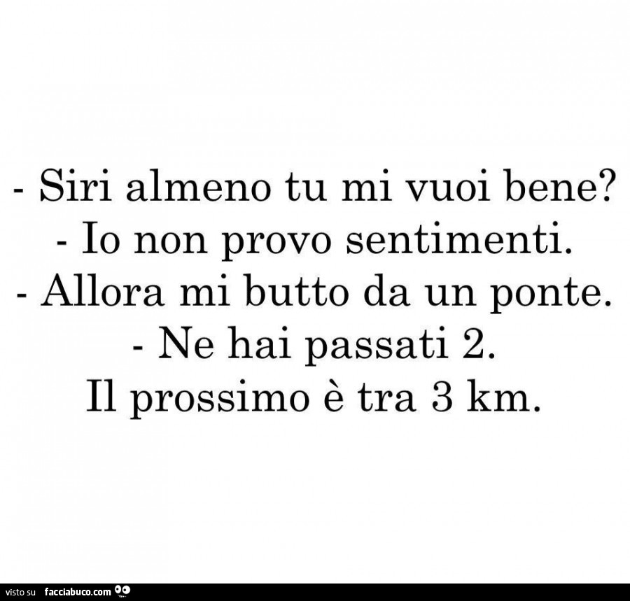 Siri almeno tu mi vuoi bene? Io non provo sentimenti. Allora mi butto da un ponte. Ne hai appena passati 2. Il prossimo è tra 3km