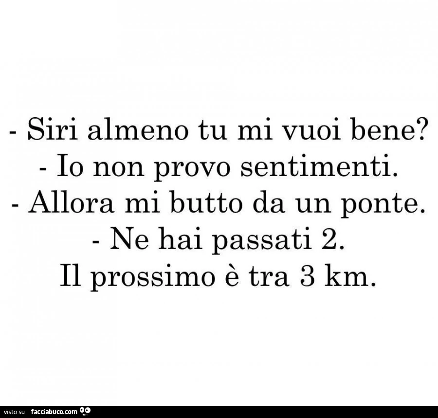 Siri almeno tu mi vuoi bene? Io non provo sentimenti. Allora mi butto da un ponte. Ne hai appena passati 2. Il prossimo è tra 3 km