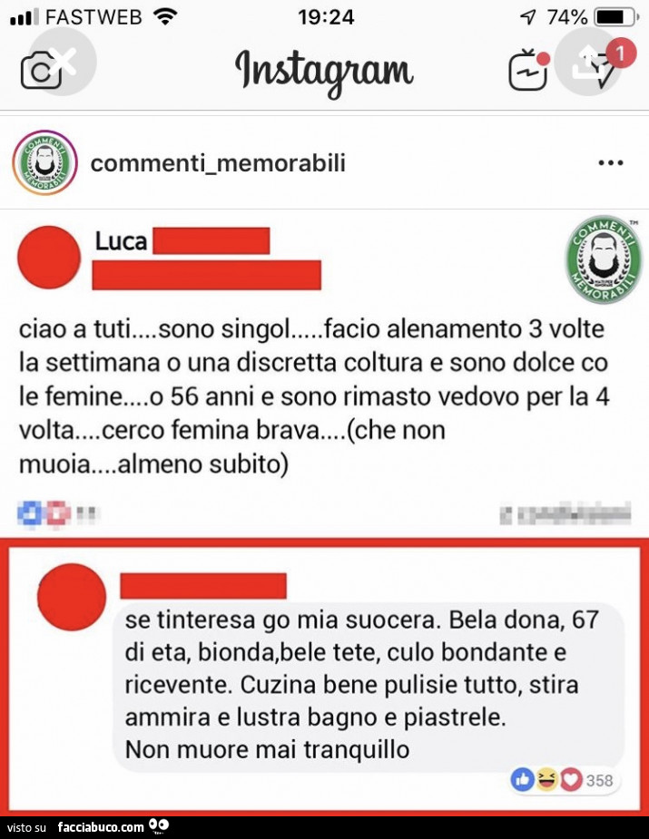 Ciao a tuti… sono singol… facio alenamento 3 volte la settimana o una discretta coltura e sono dolce con le femmine… o 56 anni e sono rimasto vedovo per la 4 volta… cerco femina brava… che Non muoia… almeno subito