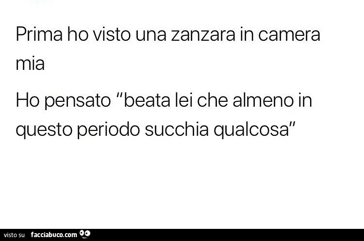 Prima ho visto una zanzara in camera mia ho pensato beata lei che almeno in questo periodo succhia qualcosa