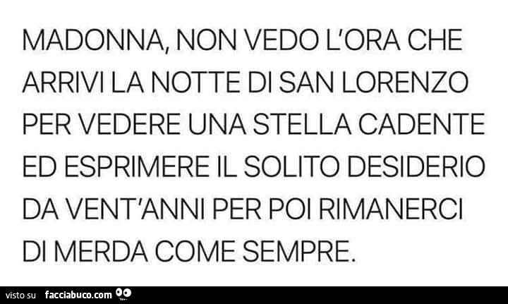 Madonna, non vedo l'ora che arrivi la notte di san lorenzo per vedere una stella cadente ed esprimere il solito desiderio da vent'anni per poi rimanerci di merda come sempre