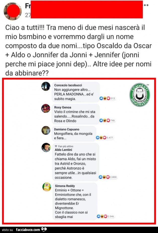 Ciao a tutti! Tra meno di due mesi nascerà il mio bsmbino e vorremmo dargli un nome composto Da due nomi… tipo oscaldo Da oscar aldo o jonnifer Da jonni jennifer (jonni perche mi piace jonni dep). Altre idee per nomi Da abbinare?