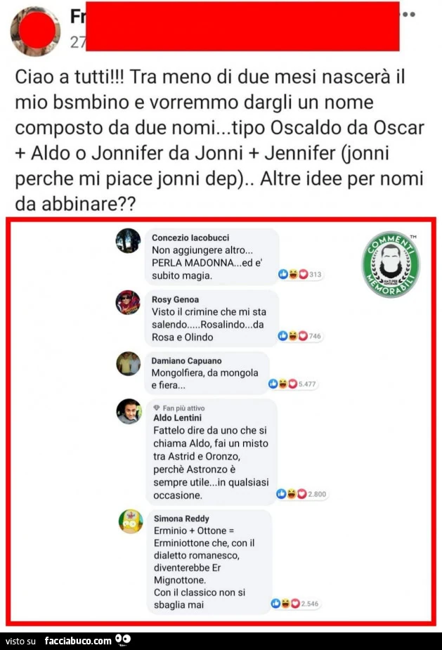 Ciao a tutti! Tra meno di due mesi nascerà il mio bsmbino e vorremmo dargli un nome composto Da due nomi&hellip; tipo oscaldo Da oscar aldo o jonnifer Da jonni jennifer (jonni perche mi piace jonni dep). Altre idee per nomi Da abbinare?