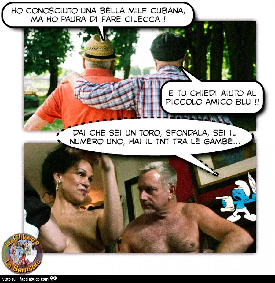 Ho conosciuto una bella milf cubana, ma ho paura di fare cilecca! E tu chiedi aiuto al piccolo amico blu! Dai che sei un toro, sfondala, sei il numero uno, hai il tnt tra le gambe