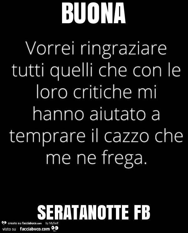 Vorrei ringraziare tutti quelli che con le loro critiche mi hanno aiutato a temprare il cazzo che me ne frega. Buona Seratanotte fb