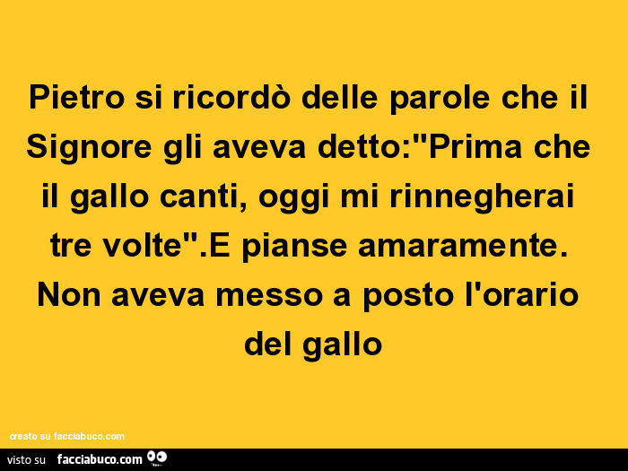Prima Che Il Gallo Canti Mi Rinnegherai 3 Volte Pietro si ricordò delle parole che il signore gli aveva detto: prima