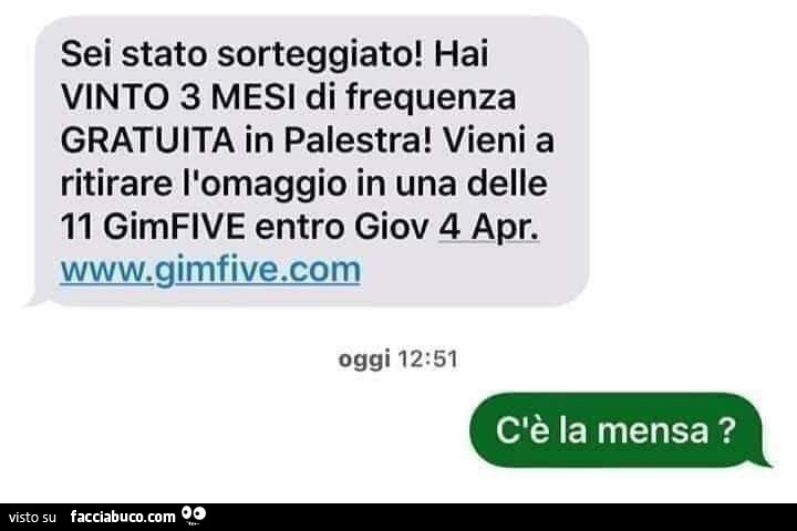 Sei stato sorteggiato! Hai vinto 3 mesi di frequenza gratuita in palestra! Vieni a ritirare l'omaggio in una delle 11 gimflve. C'è la mensa?