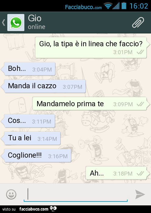 Gio, la tipa è in linea che faccio? Manda il cazzo. Mandamelo prima te