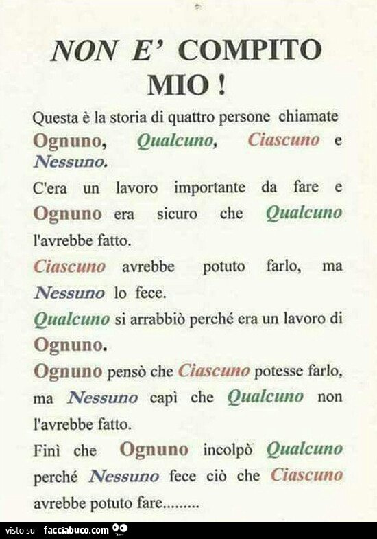 Non è compito mio! Questa è la storia di quattro persone chiamate ognuno, qualcuno, ciascuno e nessuno