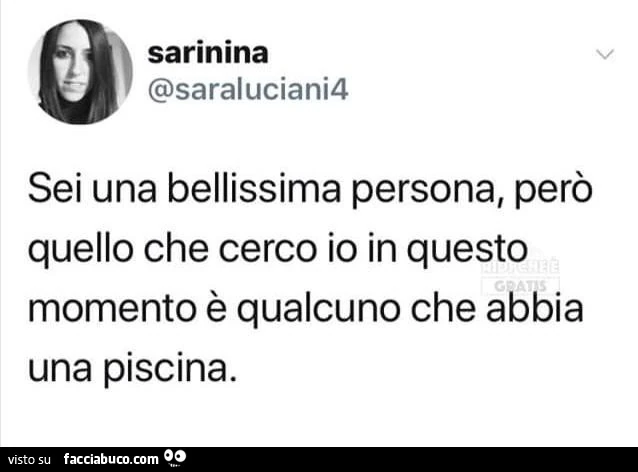Sei una bellissima persona, però quello che cerco io in questo momento è qualcuno che abbia una piscina
