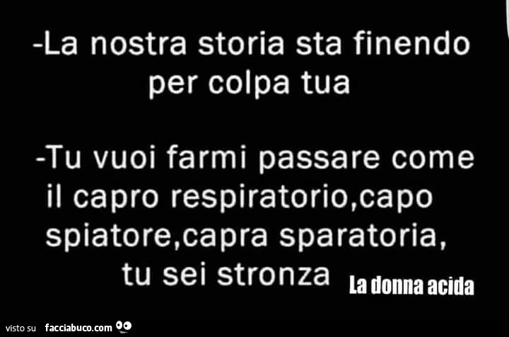 La nostra storia sta finendo per colpa tua. Tu vuoi farmi passare come il capro respiratorio, capo spiatore, capra sparatoria, tu sei stronza