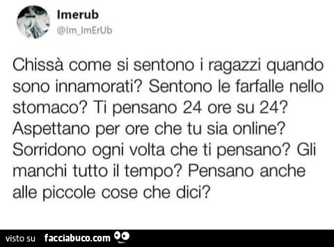 Chissà come si sentono i ragazzi quando sono innamorati? Sentono le farfalle nello stomaco? Ti pensano 24 ore su 24? Aspettano per ore che tu sia online? Sorridono ogni volta che ti pensano? Gli manchi tutto il tempo? Pensano anche alle piccole cose che d