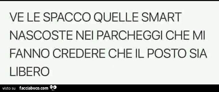 Ve le spacco quelle smart nascoste nei parcheggi che mi fanno credere che il posto sia libero