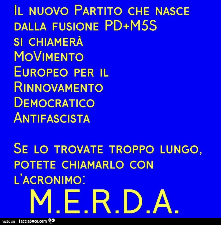 Il nuovo partito che nasce dalla fusione pd m5s si chiamerà movimento europeo per il rinnovamento democratico antifascista se lo trovate troppo lungo, potete chiamarlo con l'acronimo: M. E. R. D. A