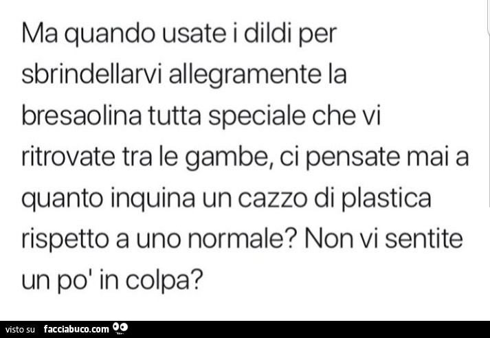 Ma quando usate i dildi per sbrindellarvi allegramente la bresaolina tutta speciale che vi ritrovate tra le gambe, ci pensate mai a quanto inquina un cazzo di plastica rispetto a uno normale? Non vi sentite un po' in colpa?