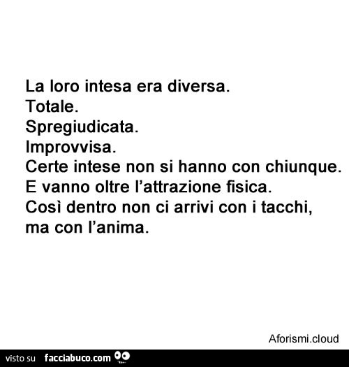 La loro intesa era diversa. Totale. Spregiudicata. Improvvisa. Certe intese non si hanno con chiunque. E vanno oltre l'attrazione fisica. Così dentro non ci arrivi con i tacchi, ma con l'anima