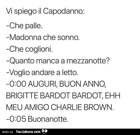 Vi spiego il capodanno: che palle. Madonna che sonno. Che coglioni. Quanto manca a mezzanotte? Voglio andare a letto. 0: 00 auguri, buon anno, brigitte bardot bardot, ehh meu amico charlie brown. 0: 05 buonanotte